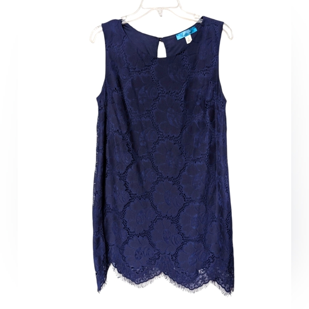 Buttons Elegant Navy‎ Blue Lace Overlay Scalloped Hem Mini Dress Size Large